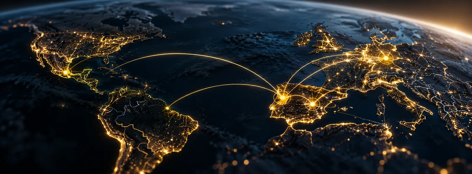 Mapa de la Tierra de noche con las conexiones entre Europa y América